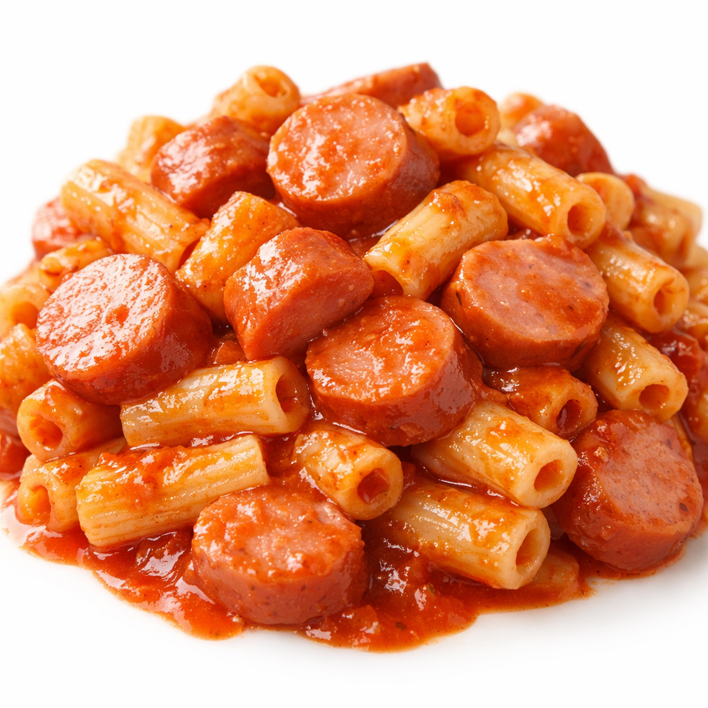 Canned entree pasta with sliced franks in tomato sauce