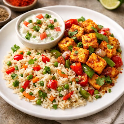 Paneer rice bowl and curd salad 