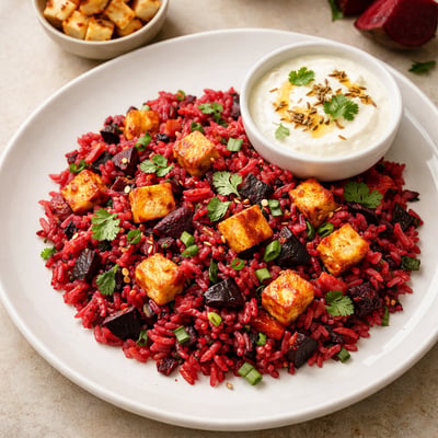 Beetroot paneer fried rice with curd