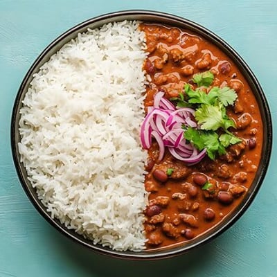 Rajma Rice with salad and curd