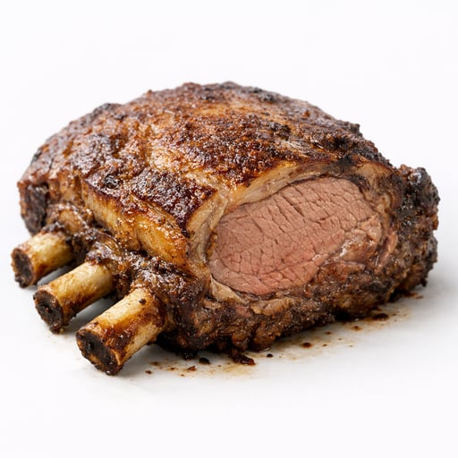 Beef, rib eye roast, bone-in, lip-on, separable lean and fat, trimmed to 1/8" fat, select, cooked, roasted