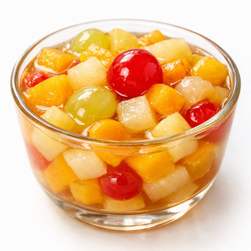 Fruit cocktail, (peach and pineapple and pear and grape and cherry), canned, heavy syrup, solids and liquids