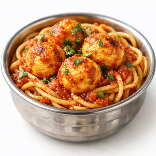 Spaghetti with paneer balls and tomato sauce