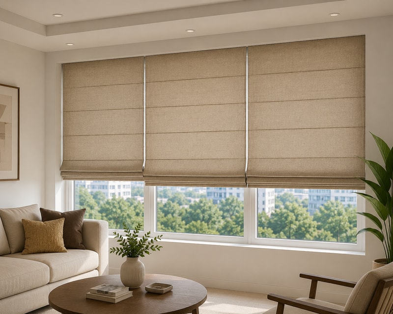Premium Roman Blinds installed in a modern living room for elegant style, privacy, and natural light control