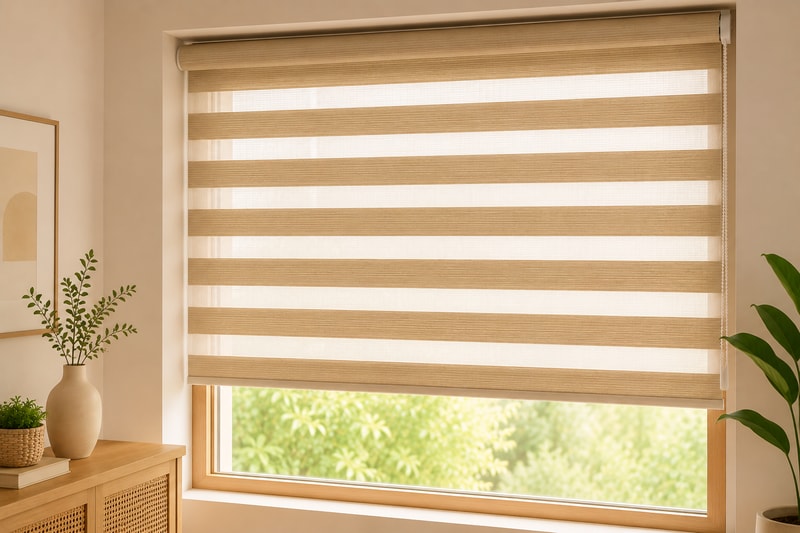 Premium Zebra Blinds installed on a modern living room window for adjustable light control and privacy
