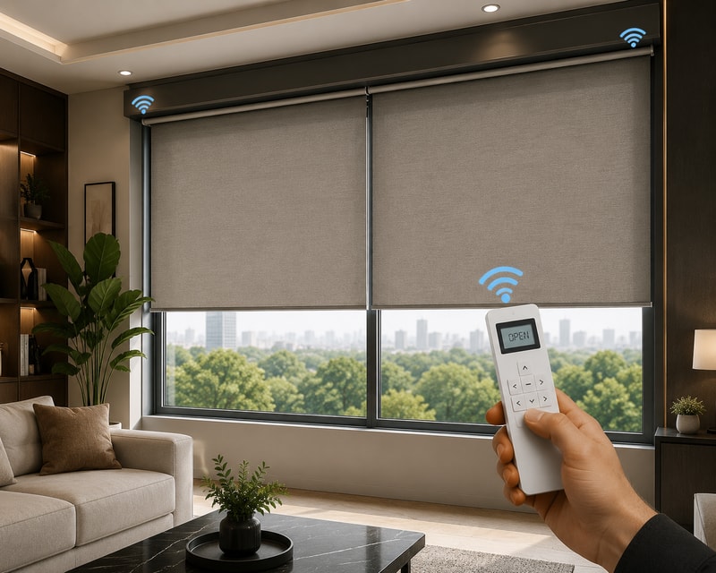 Premium Motorized Blinds controlled with a remote in a modern living room for smart light control and privacy