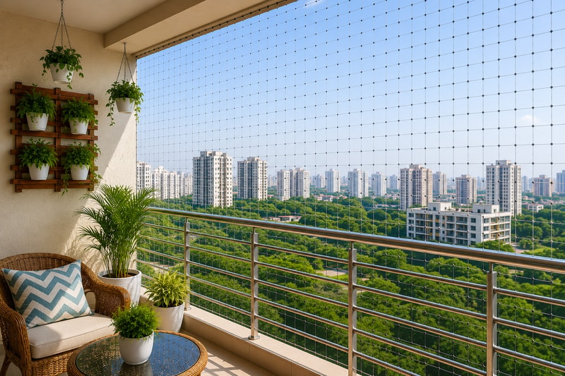 Premium Bird Net Installation on a modern apartment balcony for pigeon protection and enhanced safety